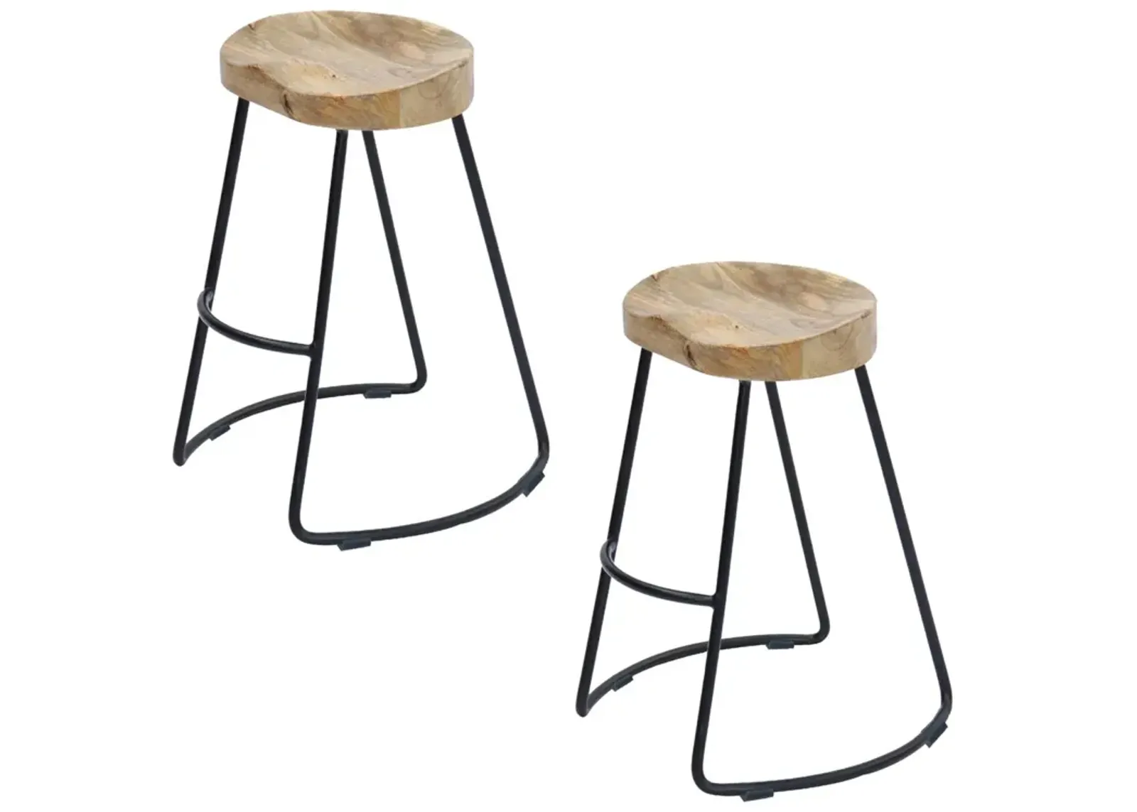 30 Inch Mango Wood Industrial Barstool, Saddle Seat, Iron Frame, Set Of 2, Brown, Black