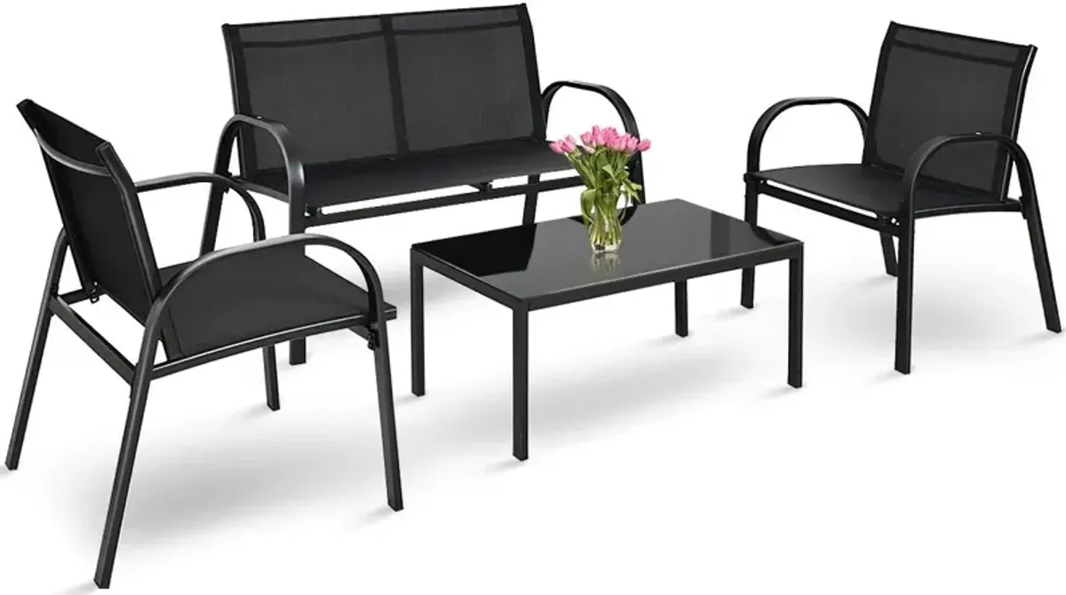 4 Pieces Patio Furniture Set with Glass Top Coffee Table