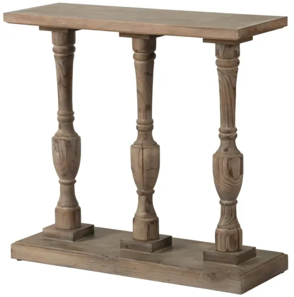 36 Inch Console Table, Fir Wood, Classical Turned Pedestal Base, Gray