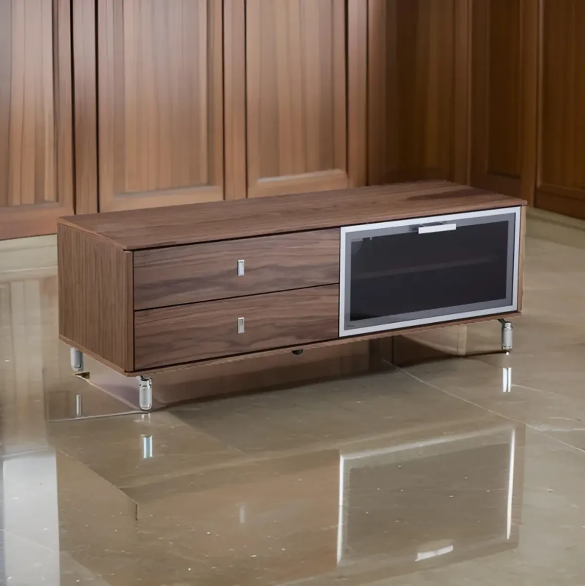 Ida 60 Inch TV Entertainment Console, Drawers, Pull Down Door, Walnut Brown - Benzara