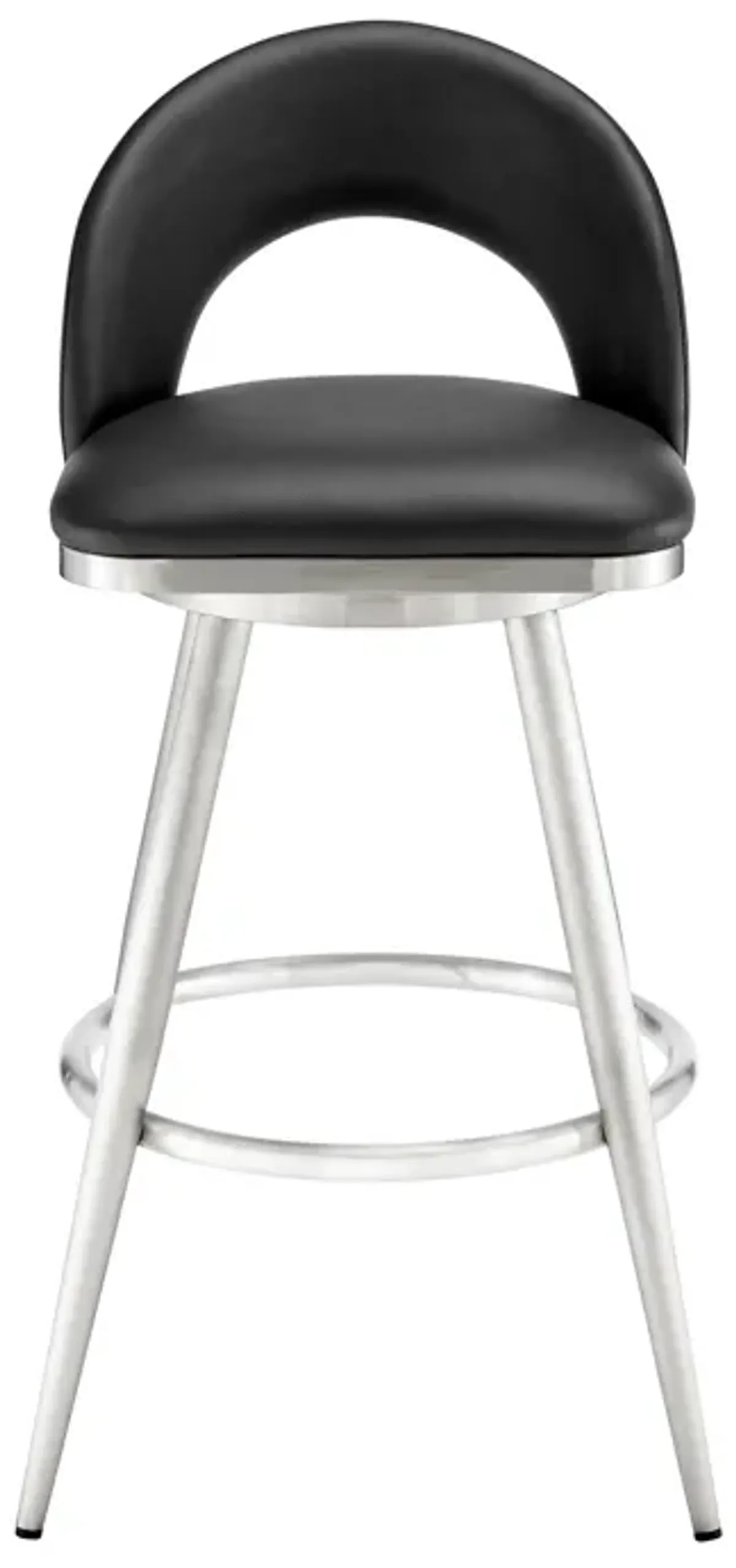 Visy 26 Inch Swivel Counter Stool Chair, Round Back, Black Faux Leather - Benzara