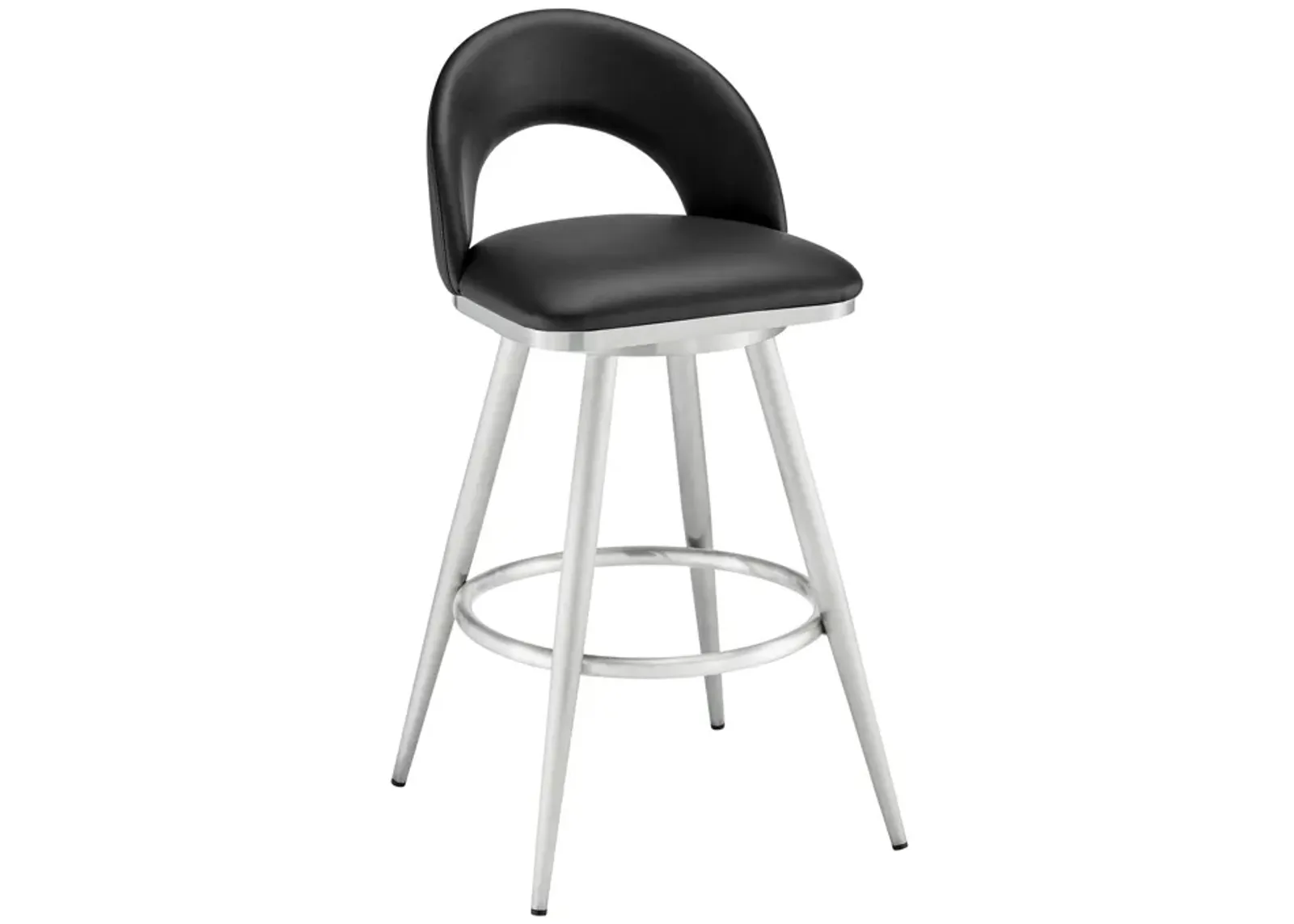 Visy 26 Inch Swivel Counter Stool Chair, Round Back, Black Faux Leather - Benzara