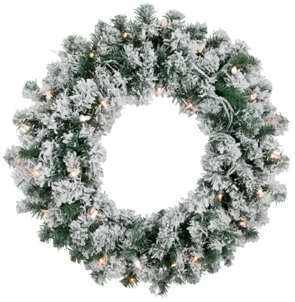 Pre-Lit Flocked Snow White Artificial Christmas Wreath  24-Inch  Clear Lights