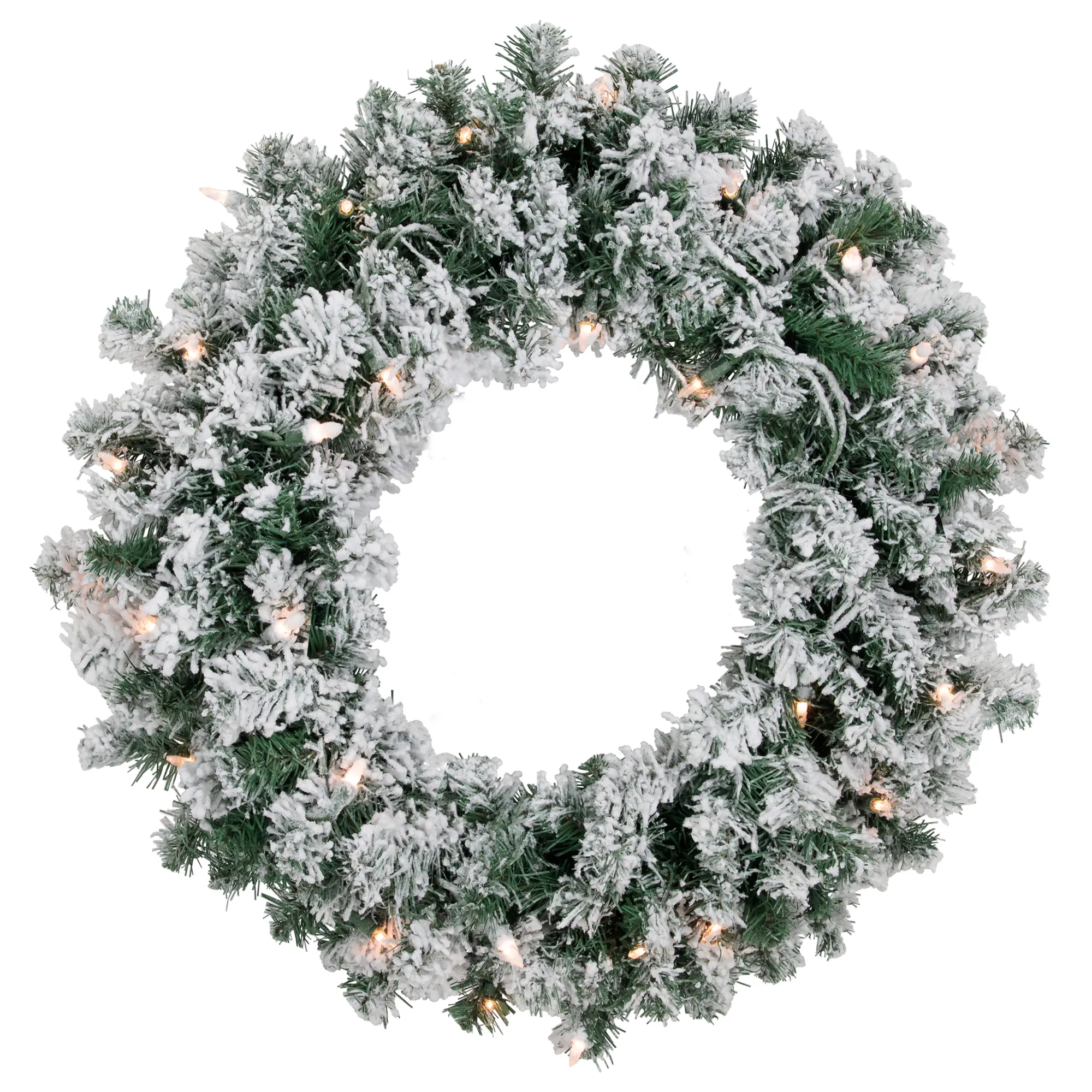 Pre-Lit Flocked Snow White Artificial Christmas Wreath  24-Inch  Clear Lights