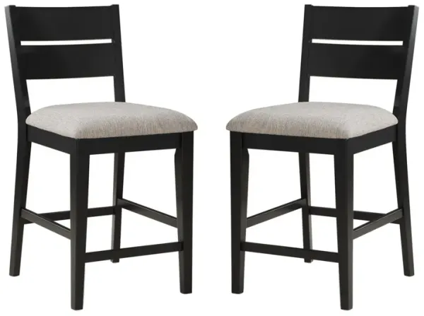 24 Inch Counter Height Chair, Set of 2, Seat Cushions, Gray Fabric, Black - Benzara