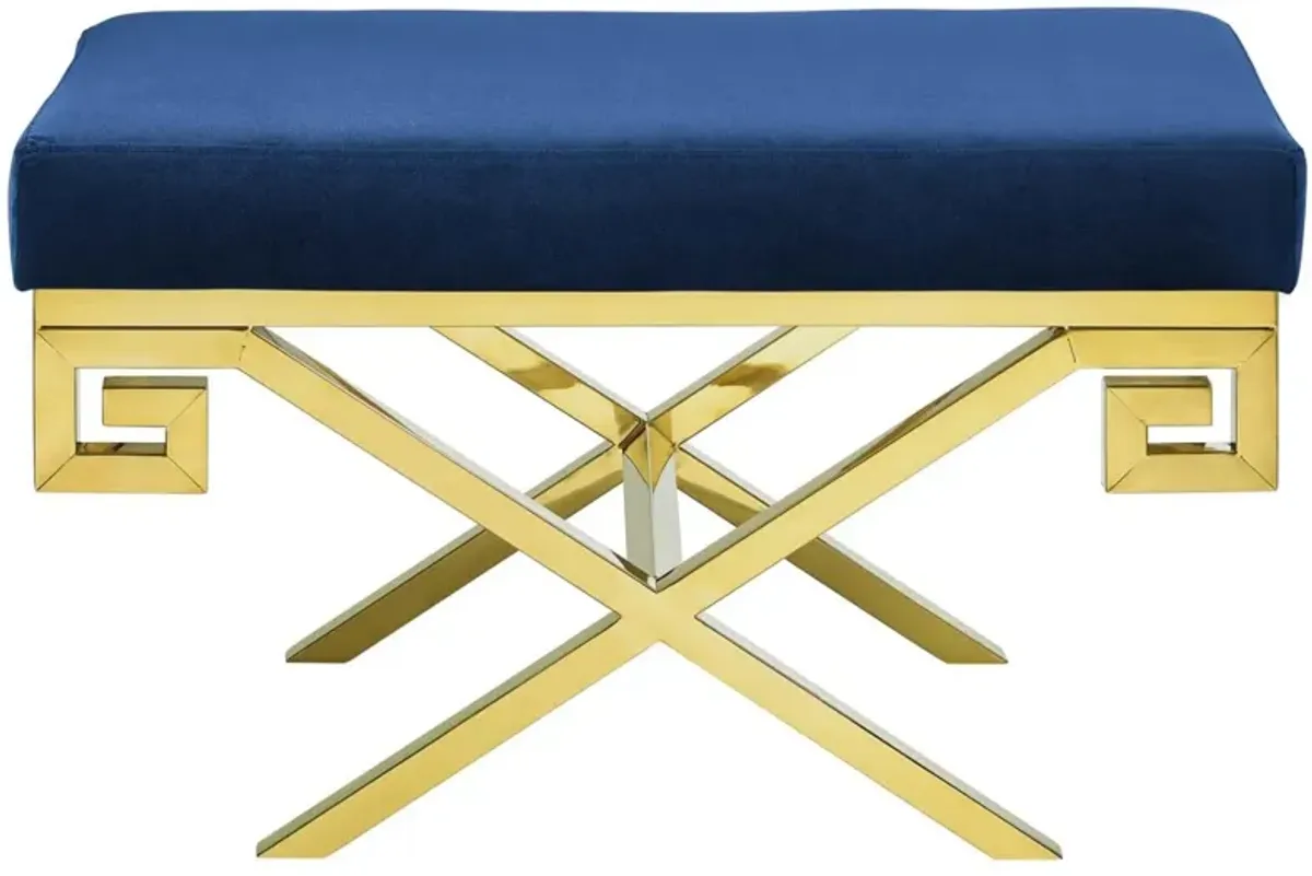 Modway Rove Greek Key X-Base Entryway Modern Bench With Velvet Upholstery in Gold Navy