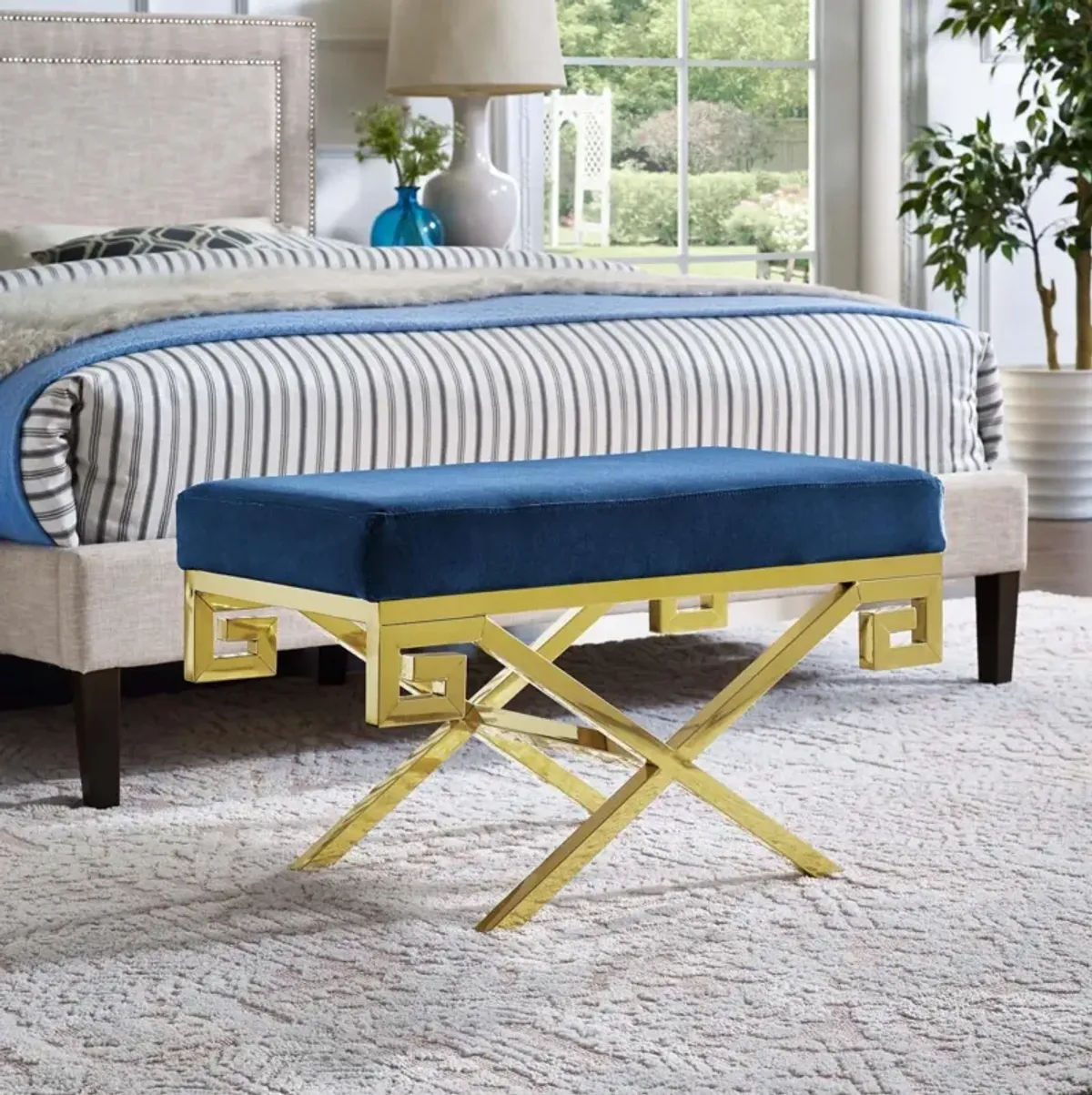 Modway Rove Greek Key X-Base Entryway Modern Bench With Velvet Upholstery in Gold Navy