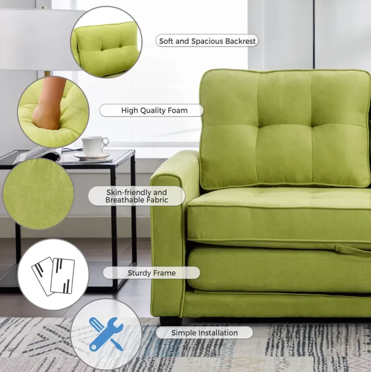 Modern Green Loveseat Sofa with Pull-Out Bed & Side Pocket