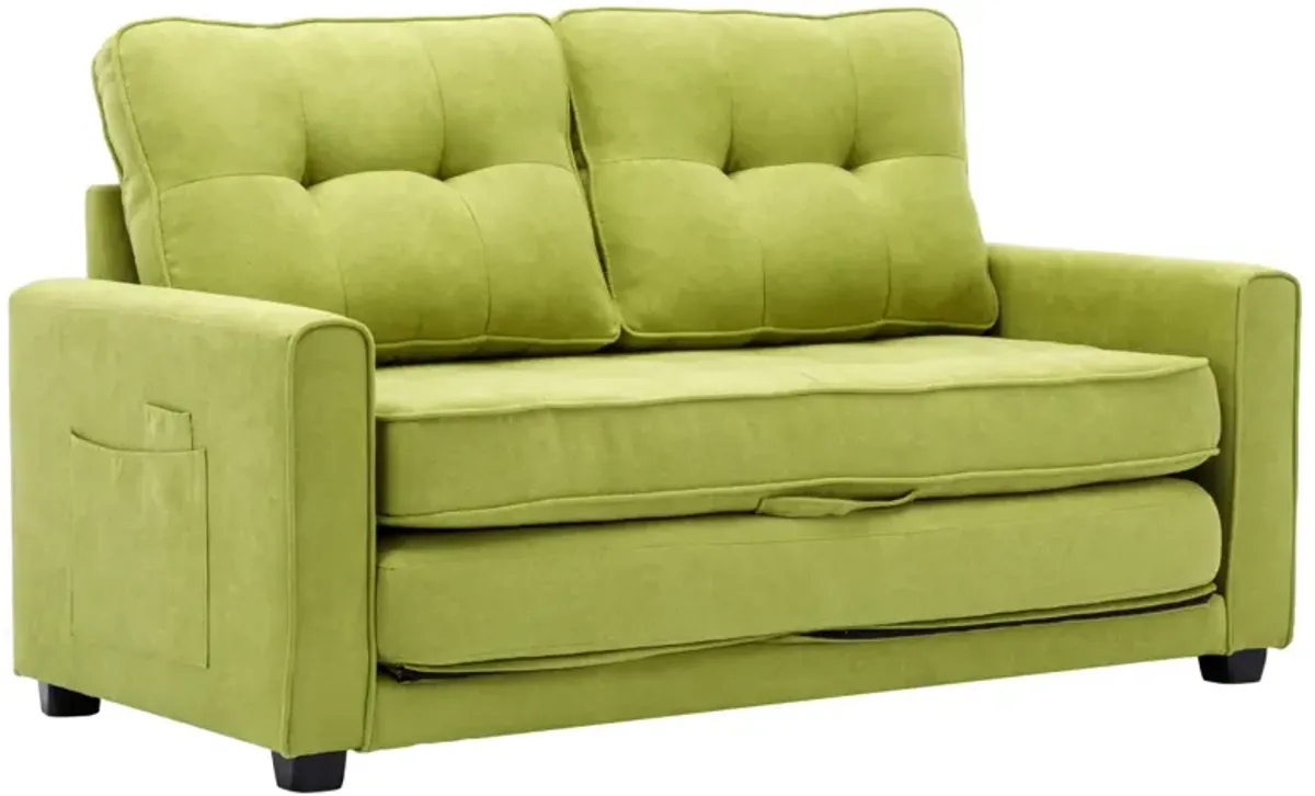 Modern Green Loveseat Sofa with Pull-Out Bed & Side Pocket