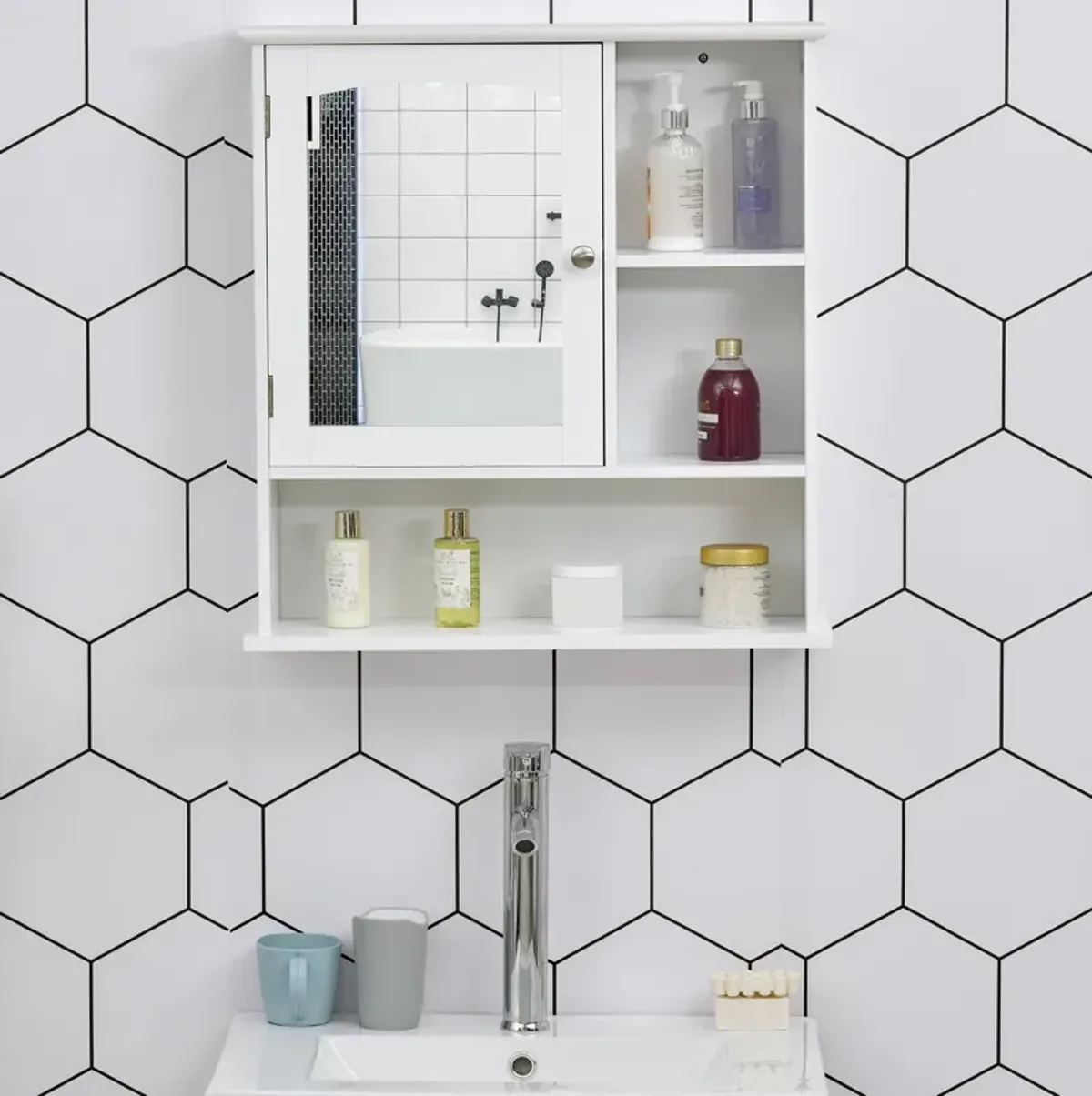 White Wall Organizer: Wood Medicine Cabinet with Mirror and Shelf