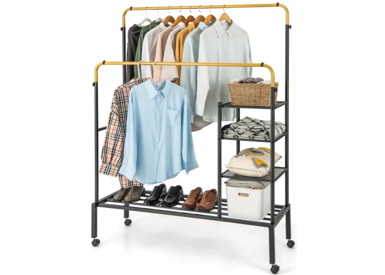 Hivvago Rolling Double Rods Garment Rack with Height Adjustable Hanging Bars