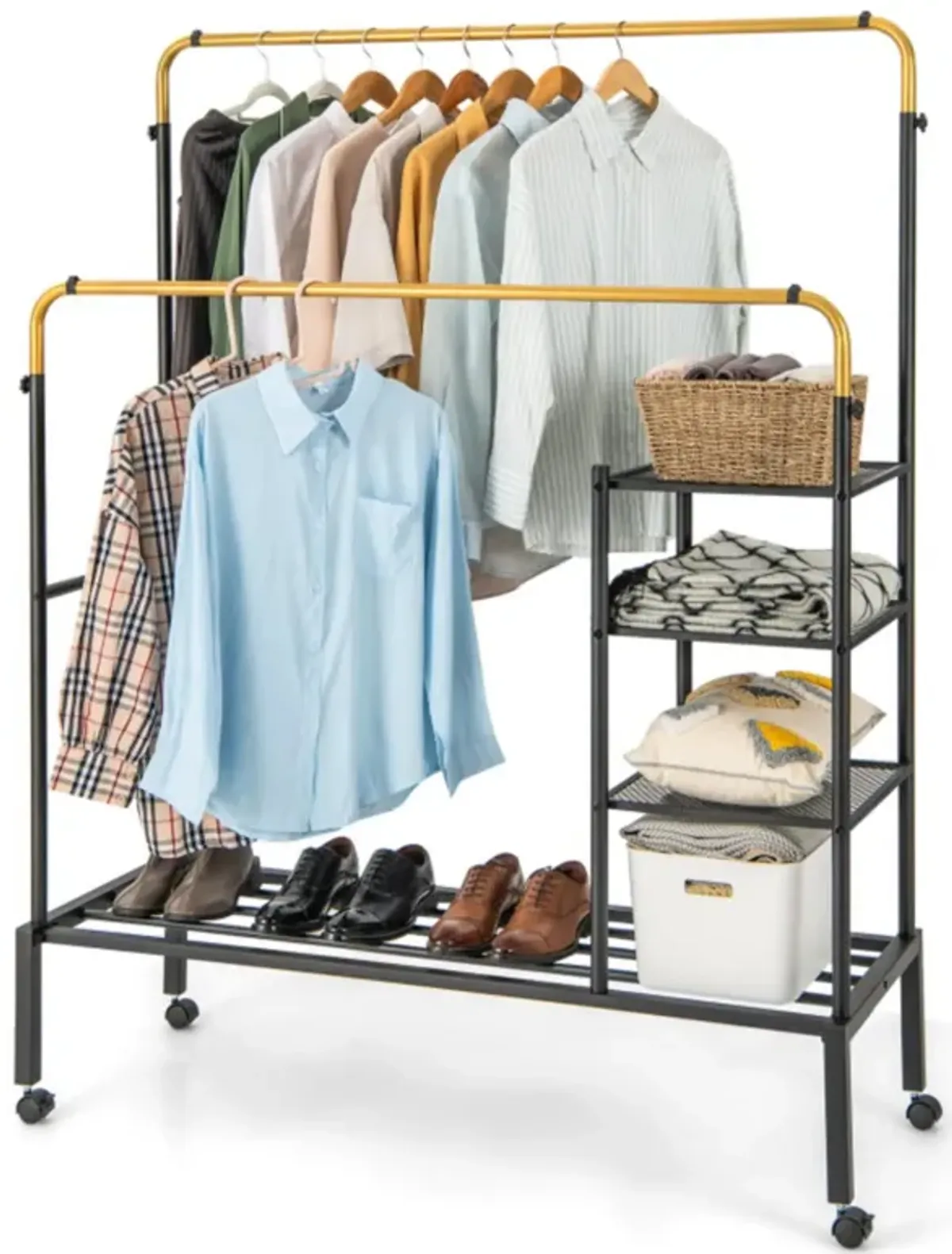 Hivvago Rolling Double Rods Garment Rack with Height Adjustable Hanging Bars