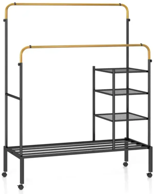 Hivvago Rolling Double Rods Garment Rack with Height Adjustable Hanging Bars
