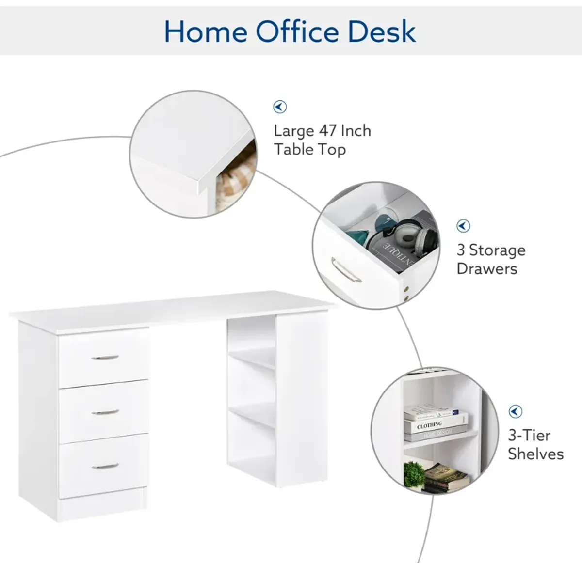 HOMCOM 47" Modern Home Office Computer Desk Bookcase Combo Writing Table Workstation with 3 Drawer and Storage Shelf - White