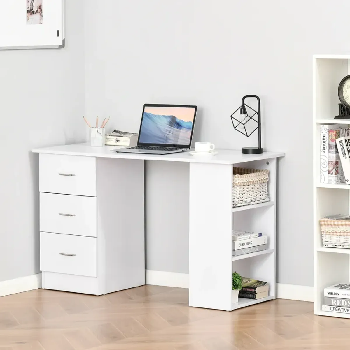 HOMCOM 47" Modern Home Office Computer Desk Bookcase Combo Writing Table Workstation with 3 Drawer and Storage Shelf - White