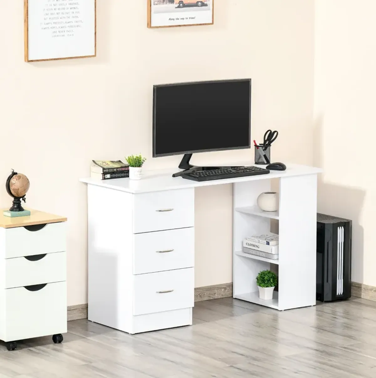 HOMCOM 47" Modern Home Office Computer Desk Bookcase Combo Writing Table Workstation with 3 Drawer and Storage Shelf - White