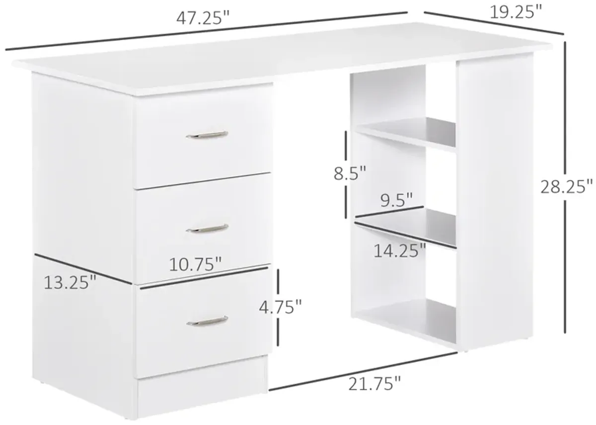 HOMCOM 47" Modern Home Office Computer Desk Bookcase Combo Writing Table Workstation with 3 Drawer and Storage Shelf - White