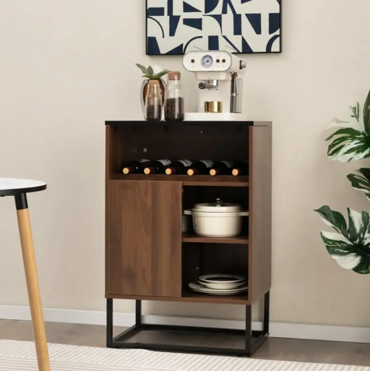 Hivvago Wine Storage Cabinet Buffet Sideboard with Adjustable Shelf and Sliding Door-Brown