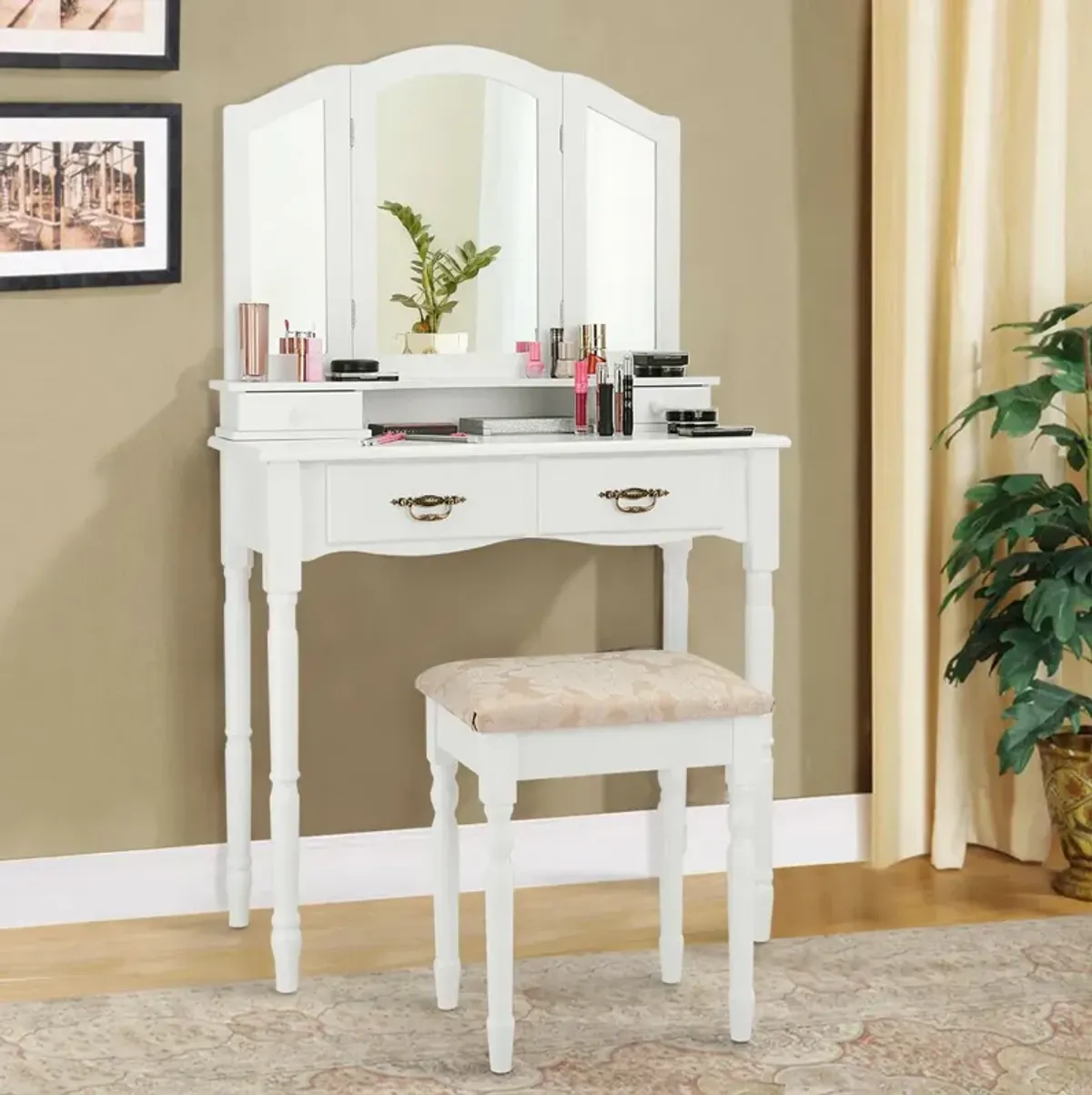 Simple Vanity Set with Tri-Folding Mirror Drawers and Storage Shelf