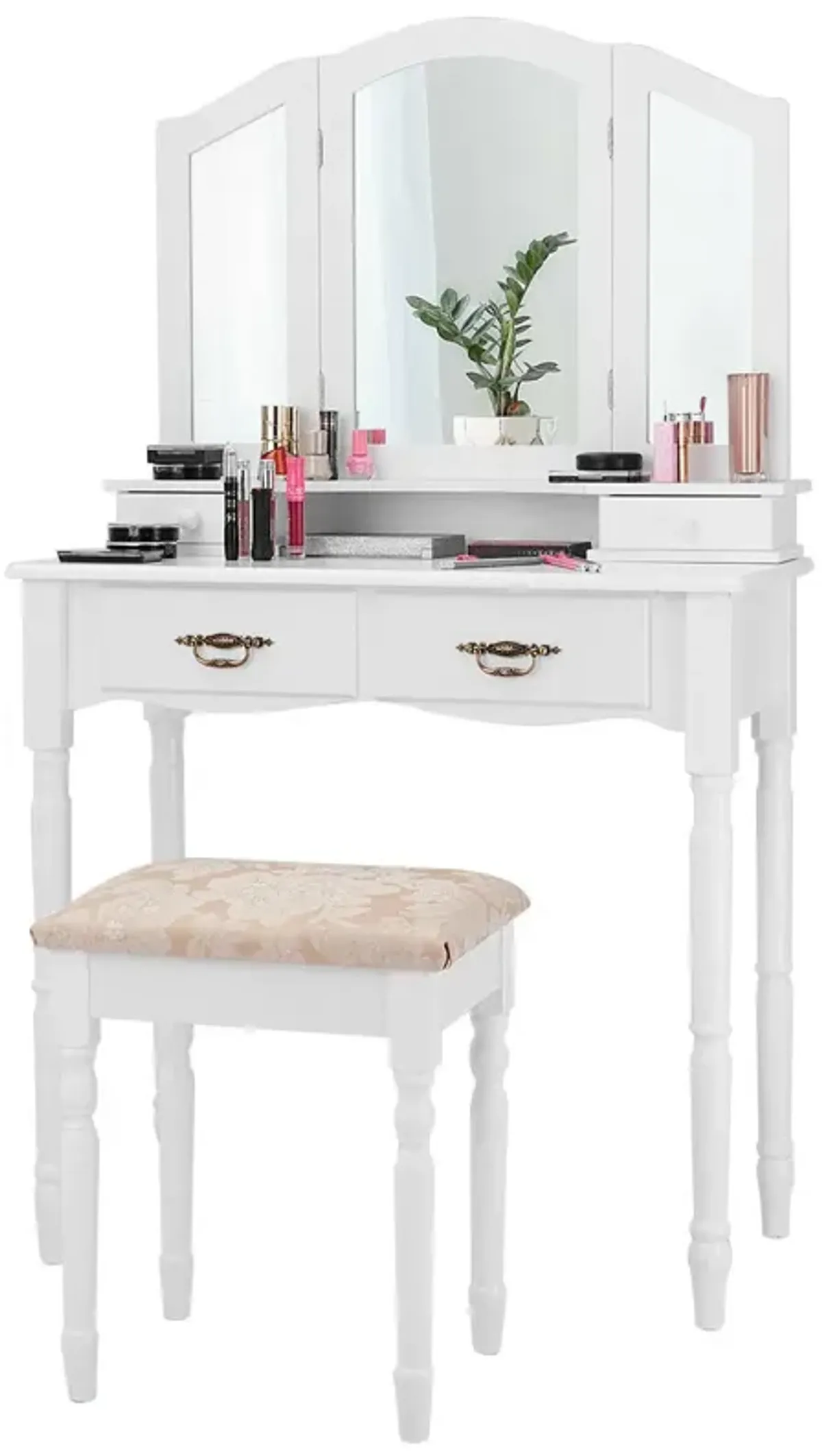 Simple Vanity Set with Tri-Folding Mirror Drawers and Storage Shelf