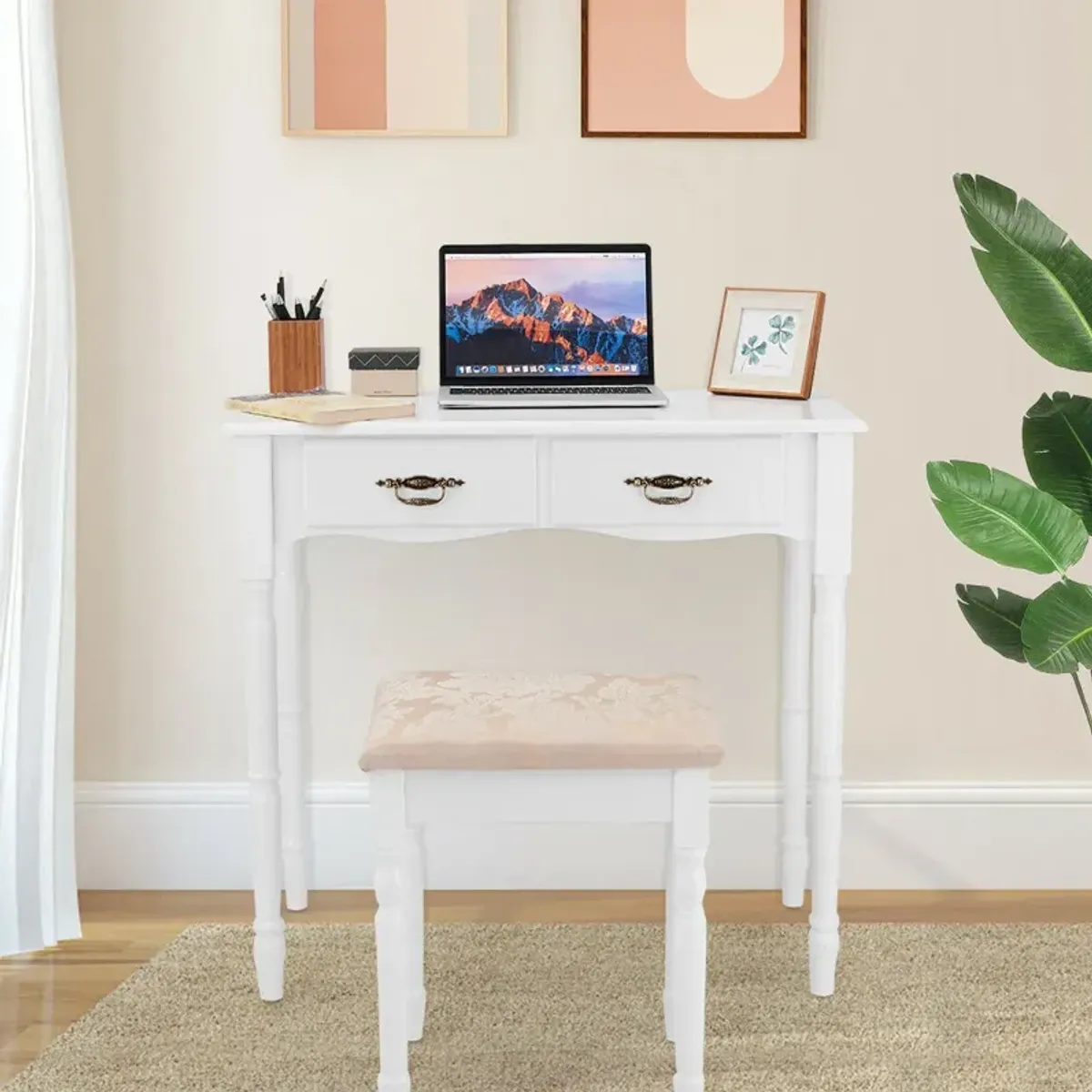 Simple Vanity Set with Tri-Folding Mirror Drawers and Storage Shelf