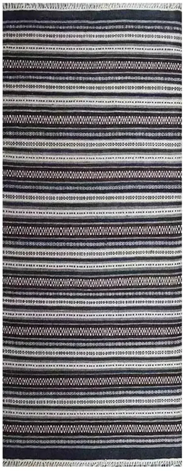 RUGSOTIC CARPETS HAND WOVEN FLAT WEAVE KILIM WOOL ECO-FRIENDLY AREA RUGS  - 3'x13', Runner Shape, Charcoal White Color, Contemporary Modern Design, Low Pile Handmade Rugs for Living Room (D00119)