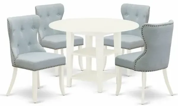 East West Furniture East-West Furniture SUSI5-LWH-15 - A dinette set of 4 wonderful parson dining chairs with Linen Fabric Baby Blue color and a stunning wood kitchen table with Linen White color