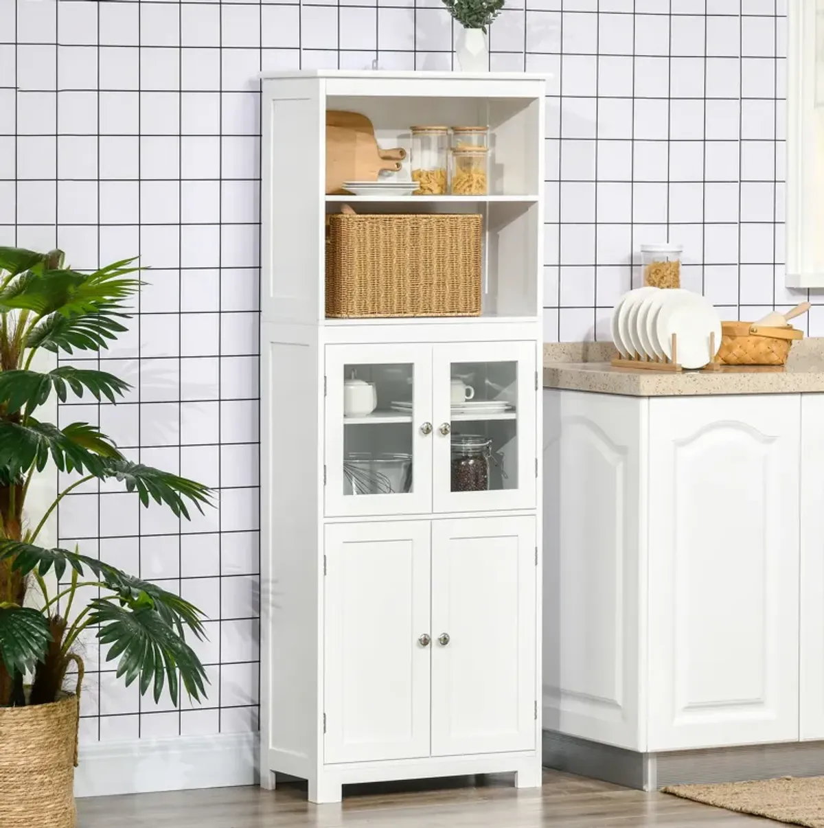 White Kitchen Tower: 63" Hutch Cabinet with 4-Door Pantry Storage