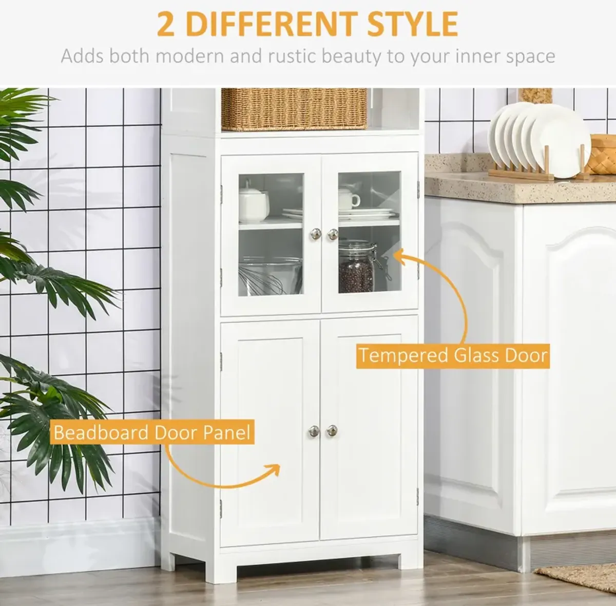 White Kitchen Tower: 63" Hutch Cabinet with 4-Door Pantry Storage