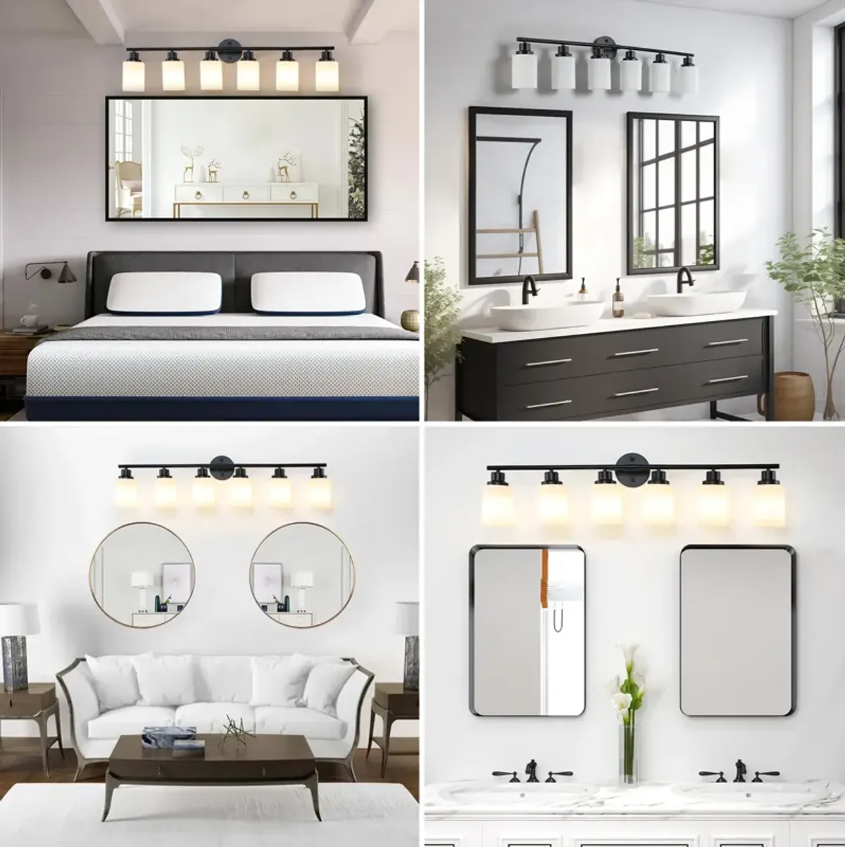 Modern 5-Light Vanity Bathroom Mirror Light, Frosted White Glass with Black Iron Frame, Contemporary Wall Sconce for Bedroom, Bathroom, And Dressing Room (Bulb Not Included)