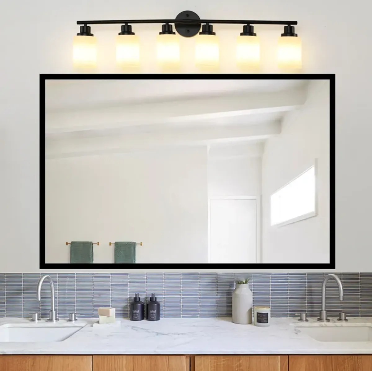 Modern 5-Light Vanity Bathroom Mirror Light, Frosted White Glass with Black Iron Frame, Contemporary Wall Sconce for Bedroom, Bathroom, And Dressing Room (Bulb Not Included)