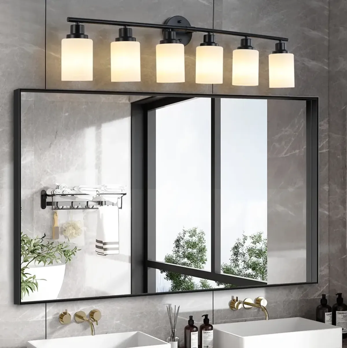 Modern 5-Light Vanity Bathroom Mirror Light, Frosted White Glass with Black Iron Frame, Contemporary Wall Sconce for Bedroom, Bathroom, And Dressing Room (Bulb Not Included)