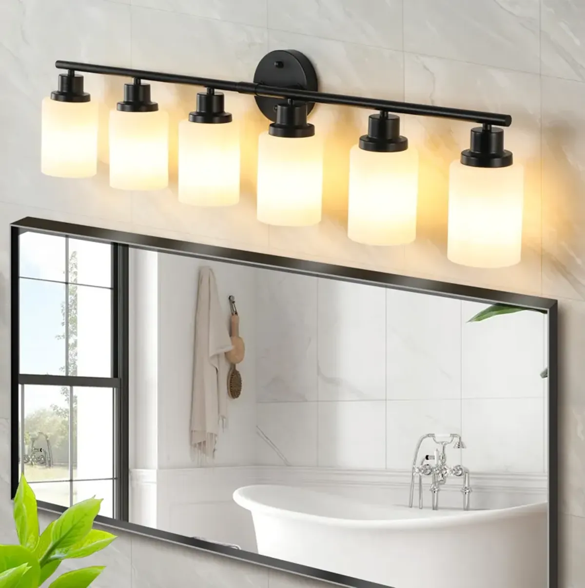 Modern 5-Light Vanity Bathroom Mirror Light, Frosted White Glass with Black Iron Frame, Contemporary Wall Sconce for Bedroom, Bathroom, And Dressing Room (Bulb Not Included)