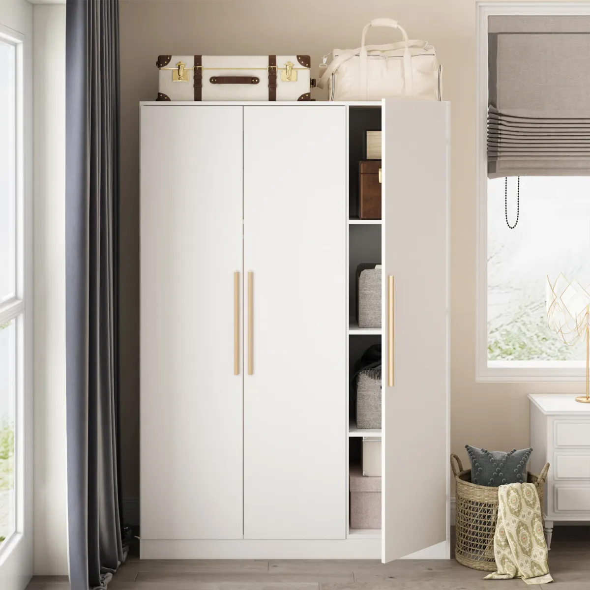 FUFU&GAGA Contemporary 3-Door Wardrobe with Hanging Rod and Deep Storage Compartments - White, Moisture-Proof Base, Easy to Clean (47.2" W x 18.9" D x 70" H) ,White