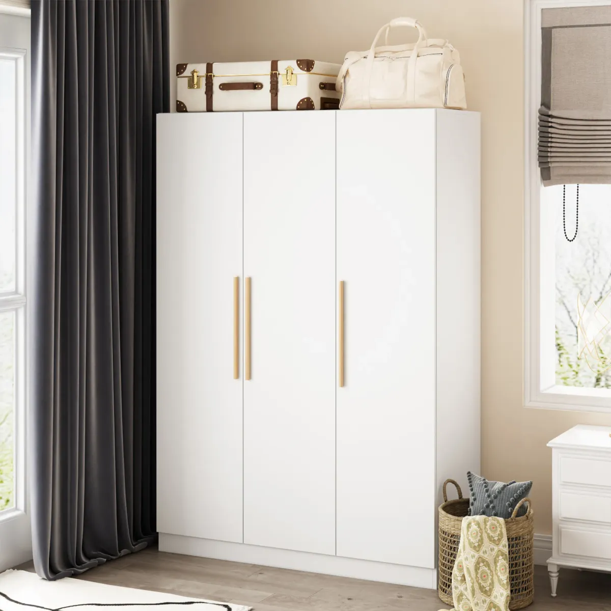 FUFU&GAGA Contemporary 3-Door Wardrobe with Hanging Rod and Deep Storage Compartments - White, Moisture-Proof Base, Easy to Clean (47.2" W x 18.9" D x 70" H) ,White