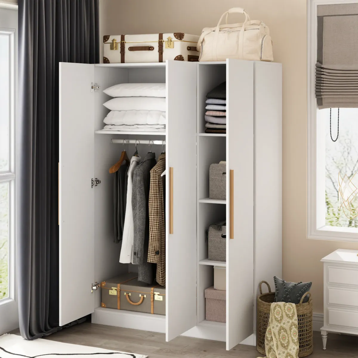 FUFU&GAGA Contemporary 3-Door Wardrobe with Hanging Rod and Deep Storage Compartments - White, Moisture-Proof Base, Easy to Clean (47.2" W x 18.9" D x 70" H) ,White