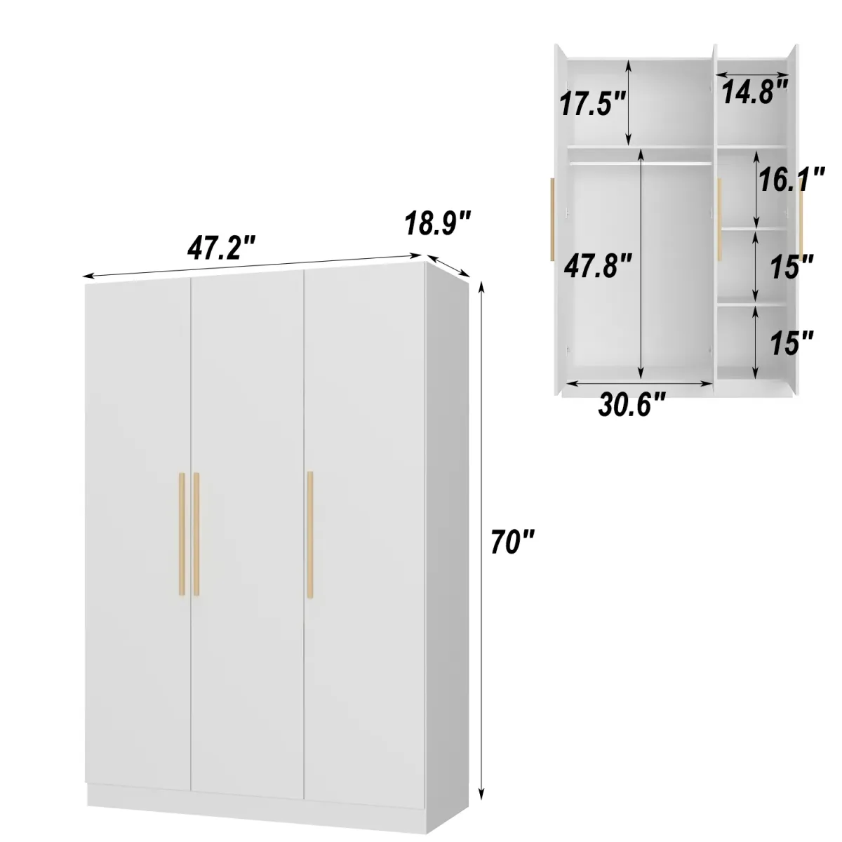 FUFU&GAGA Contemporary 3-Door Wardrobe with Hanging Rod and Deep Storage Compartments - White, Moisture-Proof Base, Easy to Clean (47.2" W x 18.9" D x 70" H) ,White