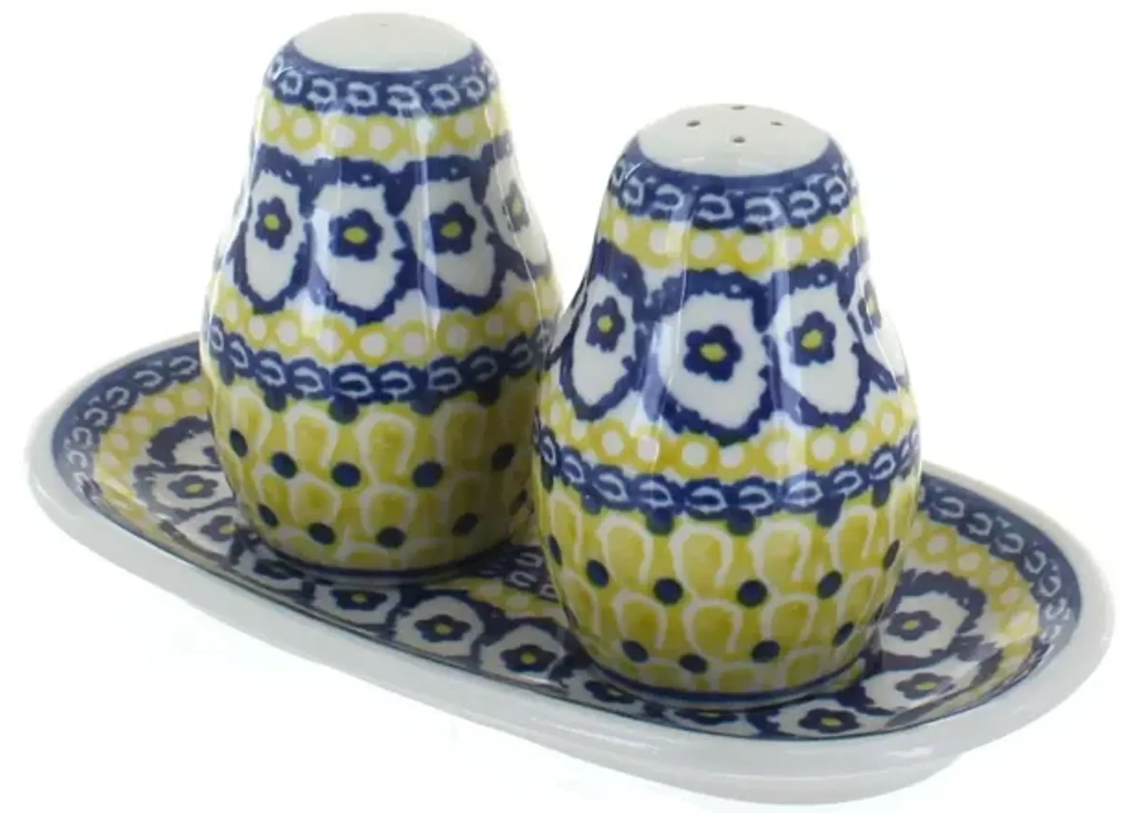 Blue Rose Polish Pottery Harvest Bounty Salt & Pepper Shakers with Tray