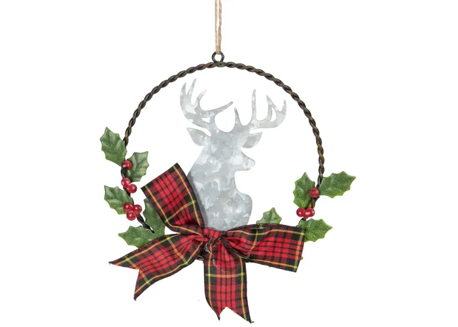 5.5" Wreath and Galvanized Moose Christmas Ornament with Plaid Bow