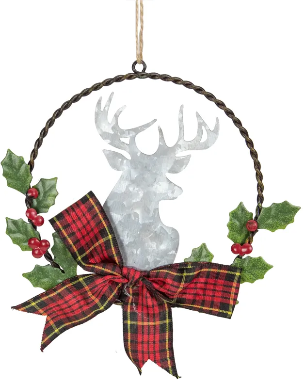 5.5" Wreath and Galvanized Moose Christmas Ornament with Plaid Bow