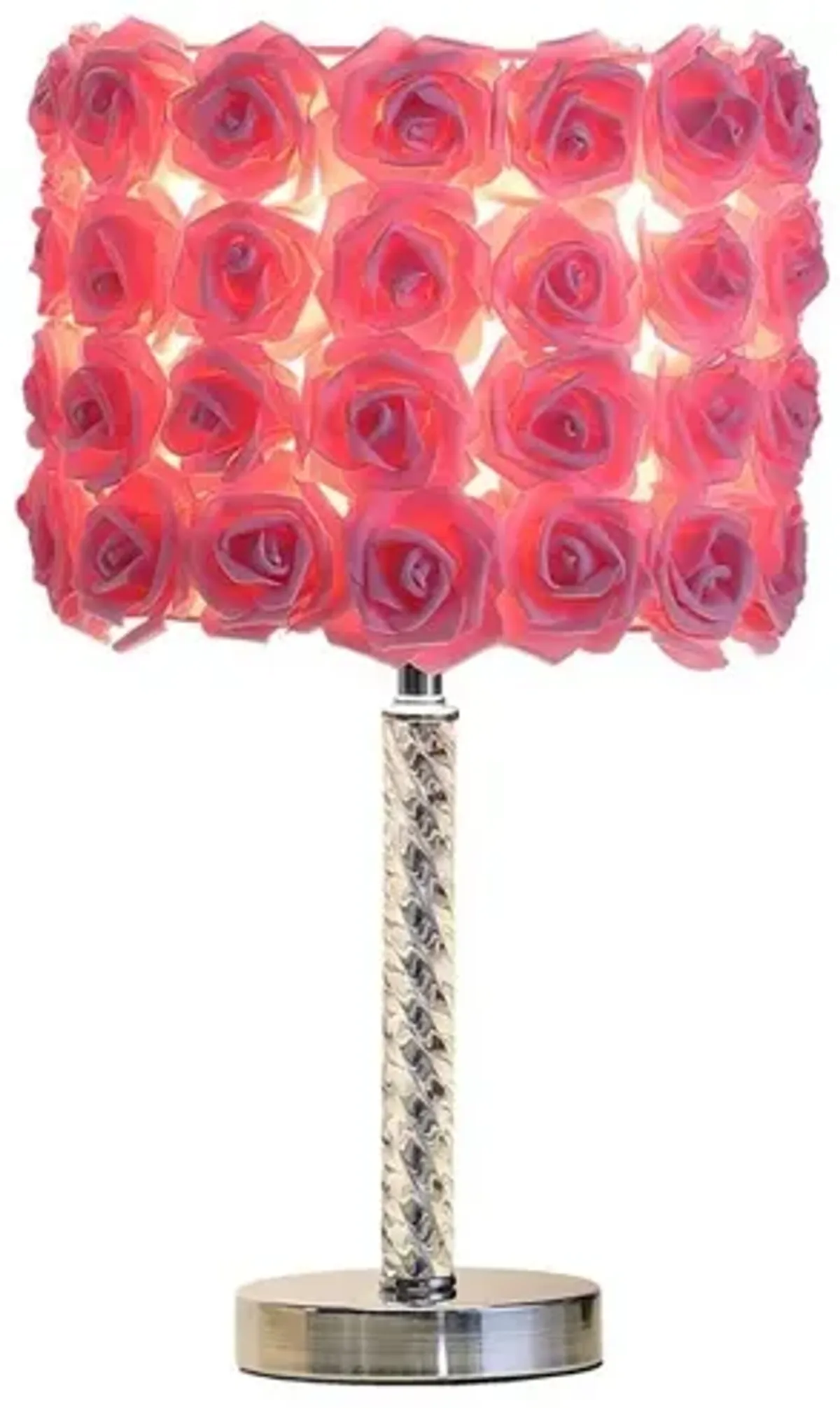 Bloom Roses Drum Shade Table Lamp with Twisted Acrylic Base, Pink - Benzara