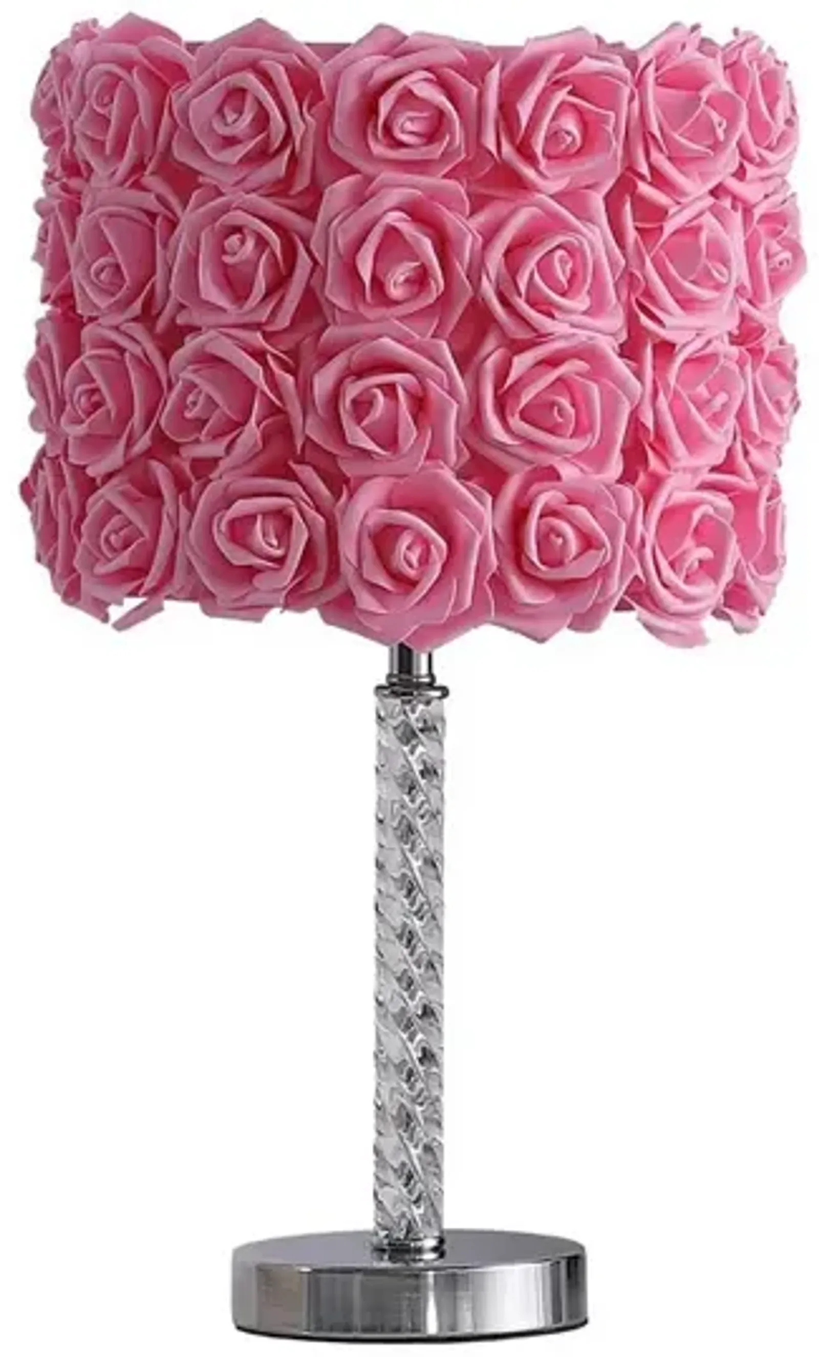 Bloom Roses Drum Shade Table Lamp with Twisted Acrylic Base, Pink - Benzara