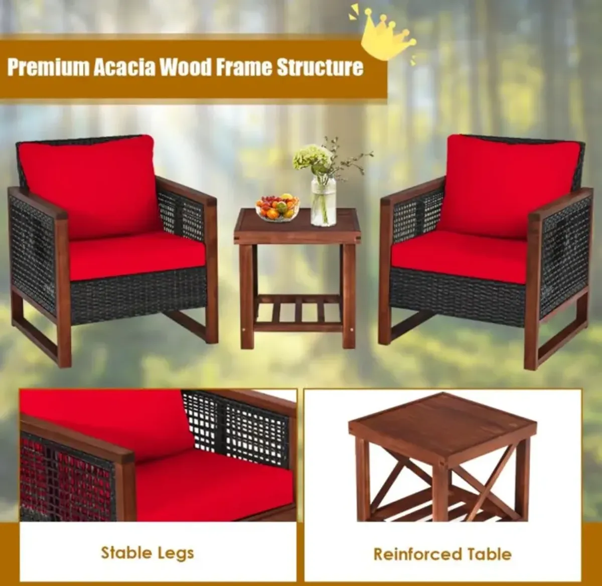 Hivvago 3 Pieces Acacia Wood Patio Furniture Set with Coffee Table