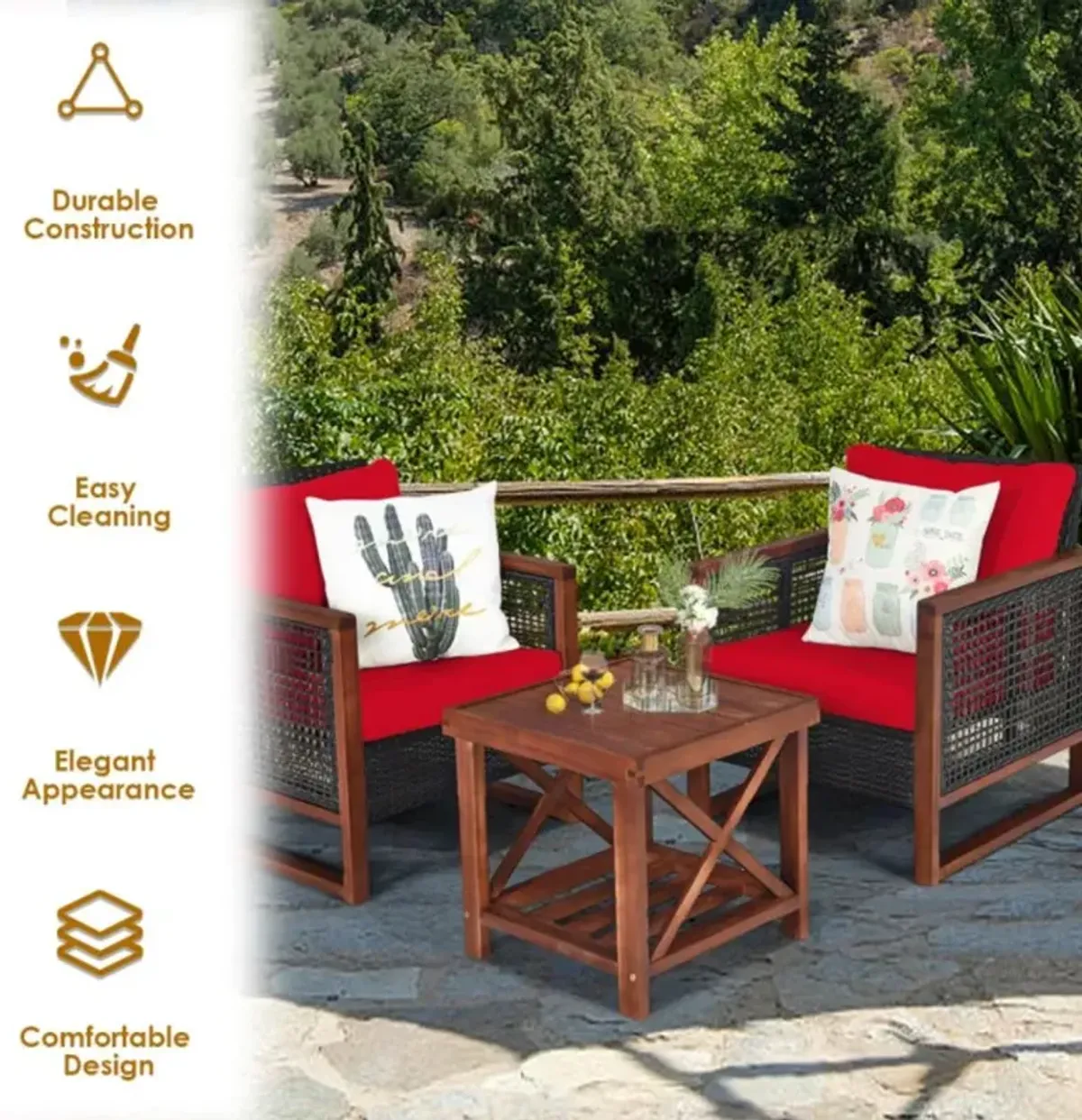 Hivvago 3 Pieces Acacia Wood Patio Furniture Set with Coffee Table