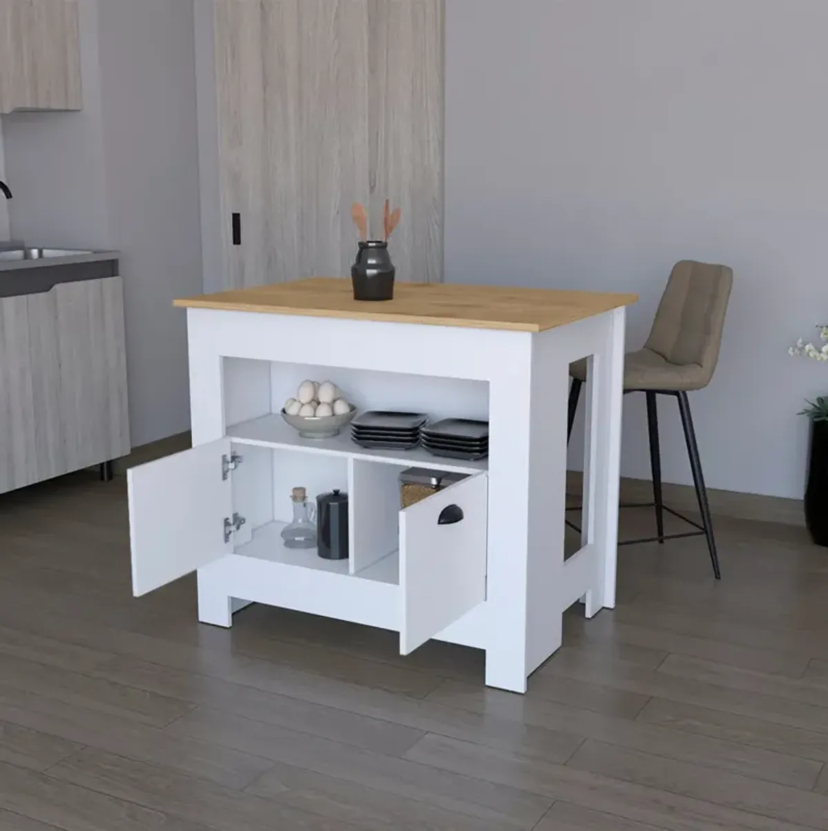 Kitchen Island Geneva, Kitchen, White / Macadamia