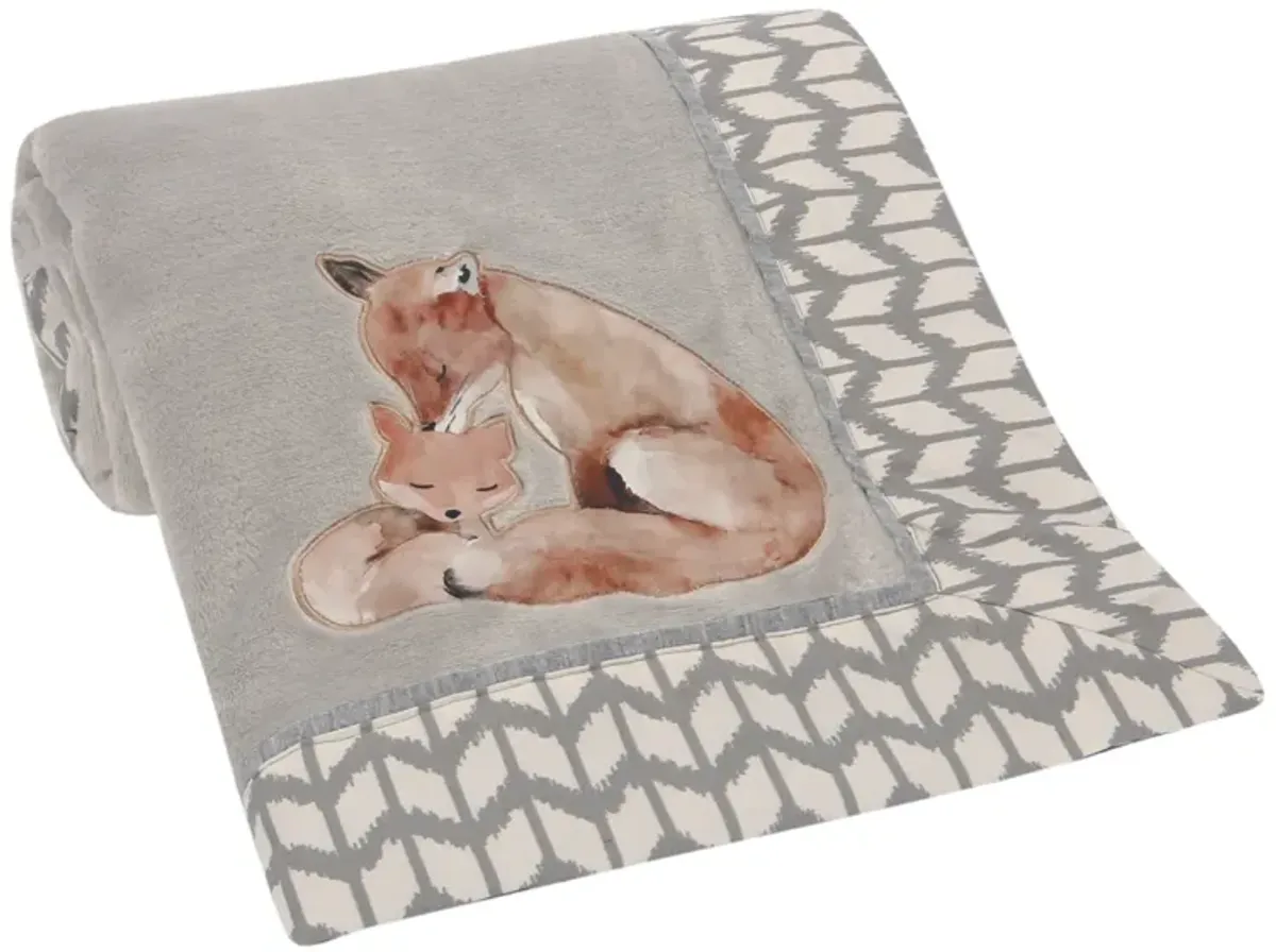 Lambs & Ivy Painted Forest Fox Coral Fleece Baby Blanket - Gray