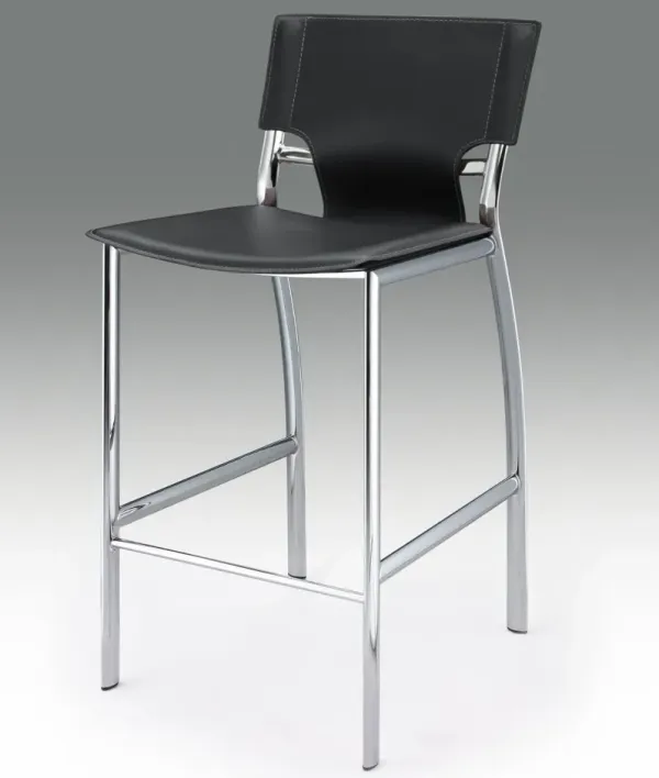 BLACK LEATHER BAR STOOL, CHROME BASE, 25"SEAT HIGH