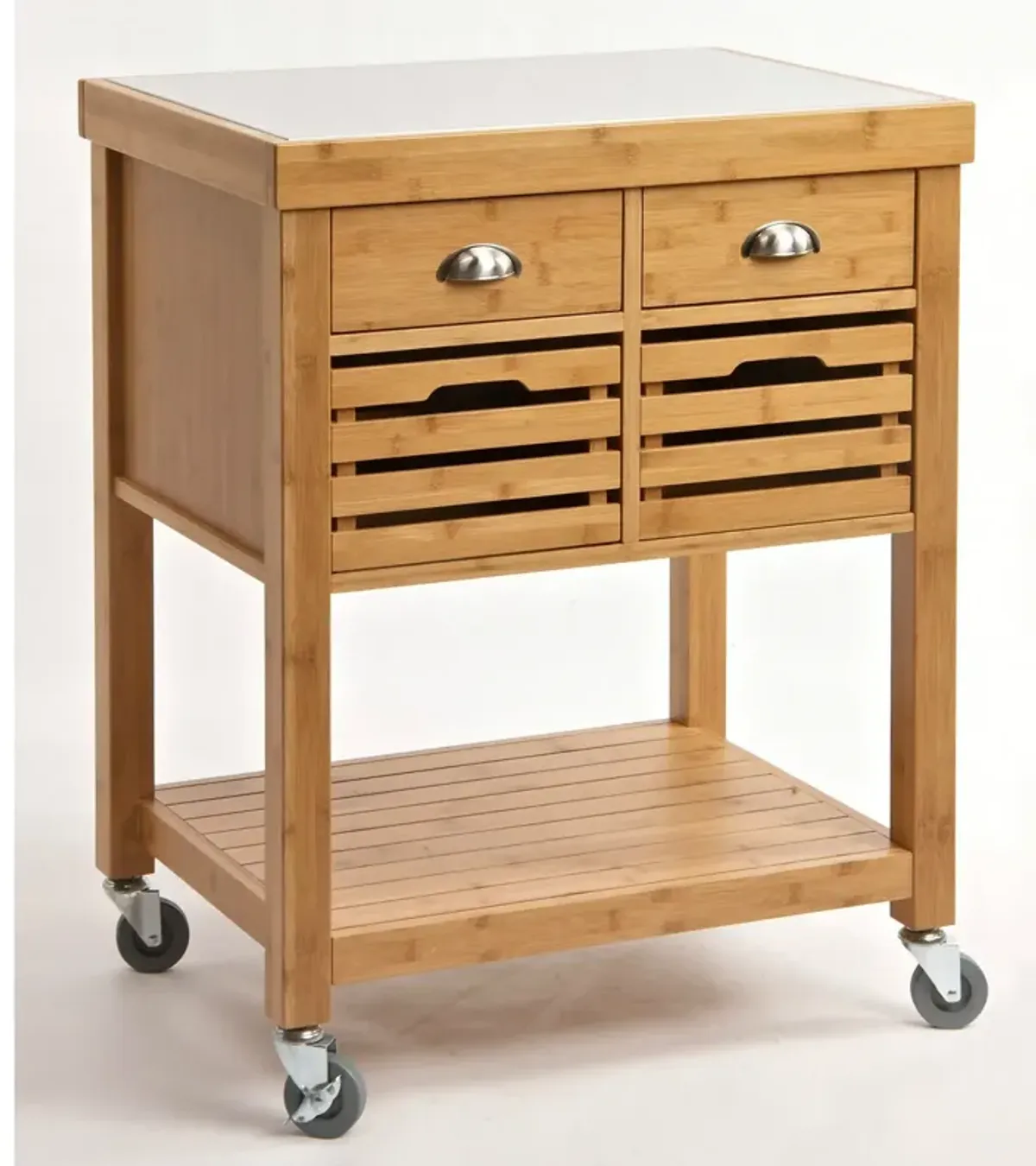 Hivvago Stainless Steel Top Bamboo Wood Kitchen Cart with Casters