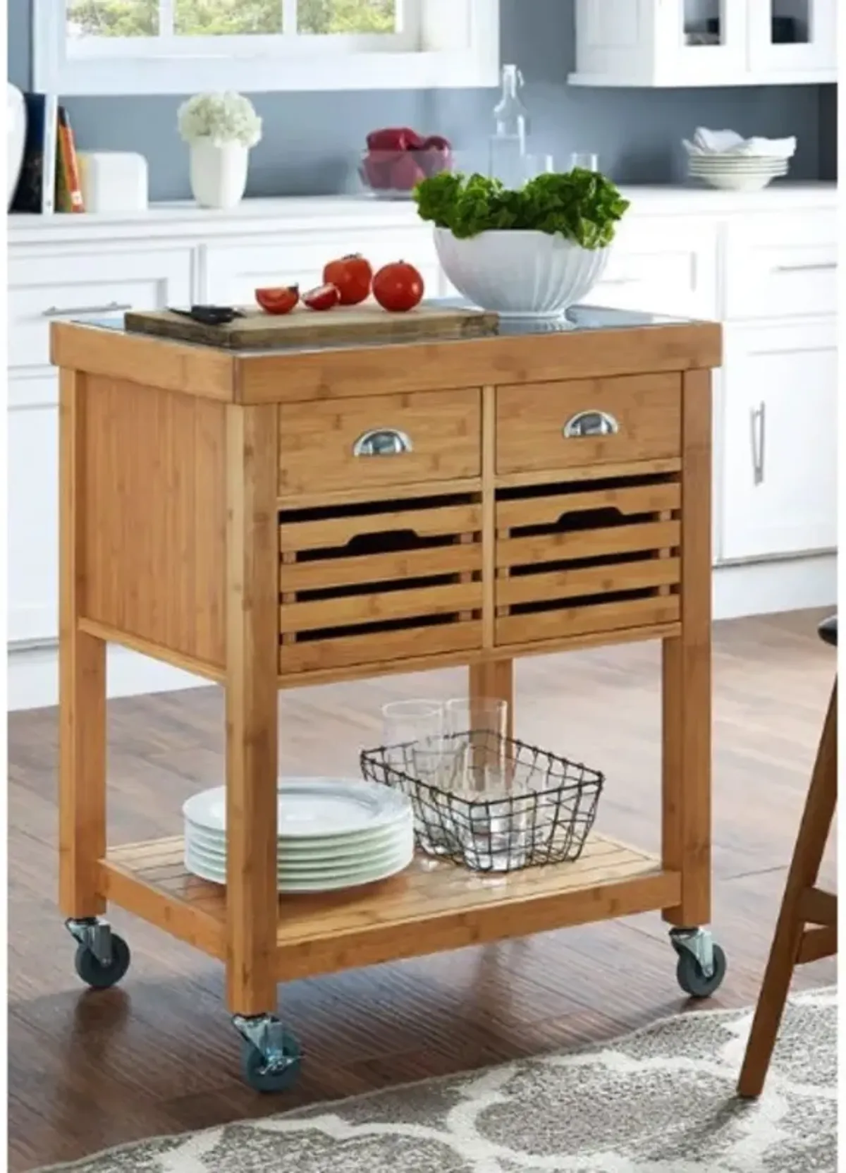 Hivvago Stainless Steel Top Bamboo Wood Kitchen Cart with Casters