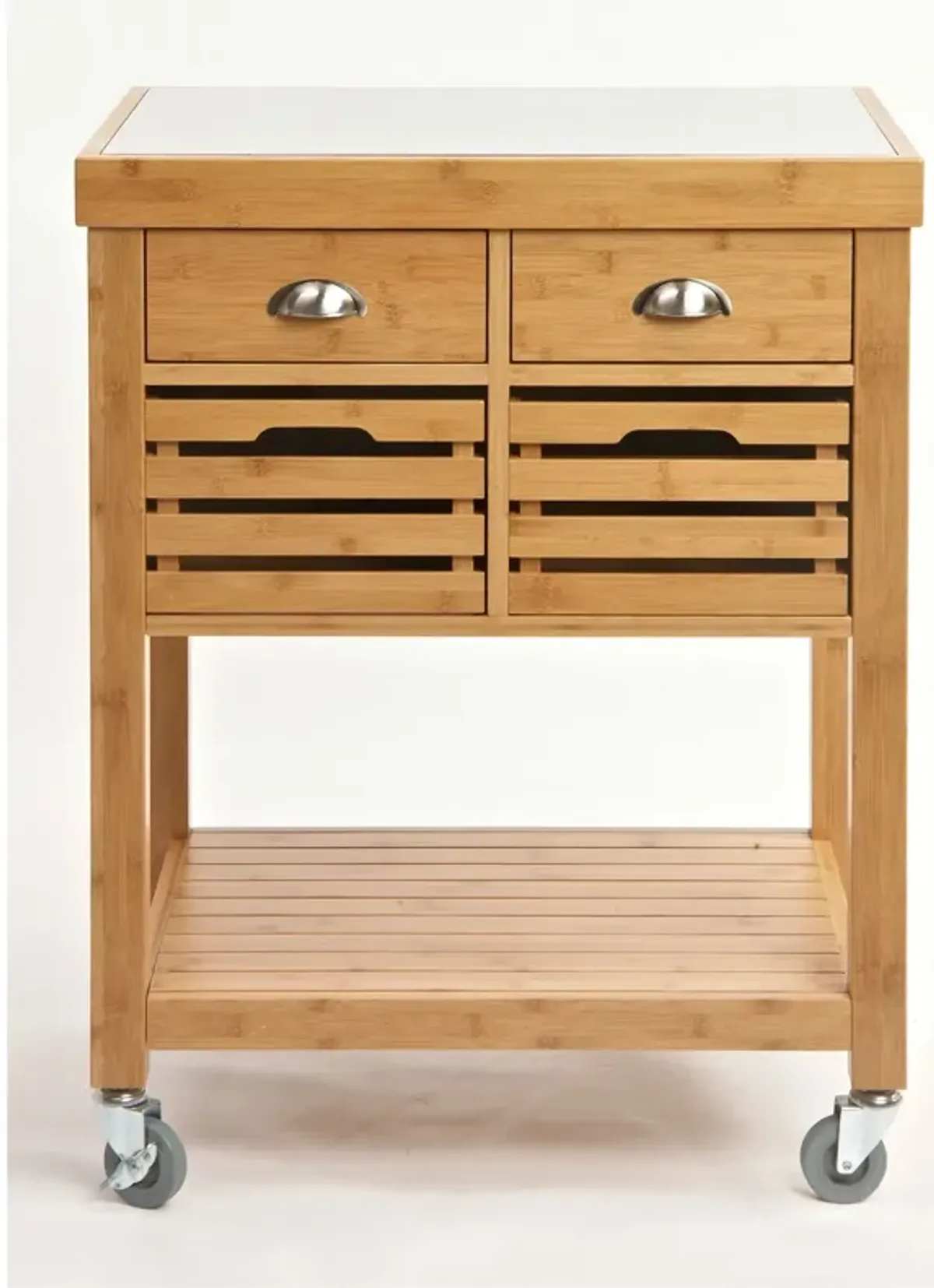 Hivvago Stainless Steel Top Bamboo Wood Kitchen Cart with Casters